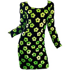 1990er Steve Stolman Schwarz Neon Grün Pailletten Blume Größe 6 8 Samt Bodycon-Kleid