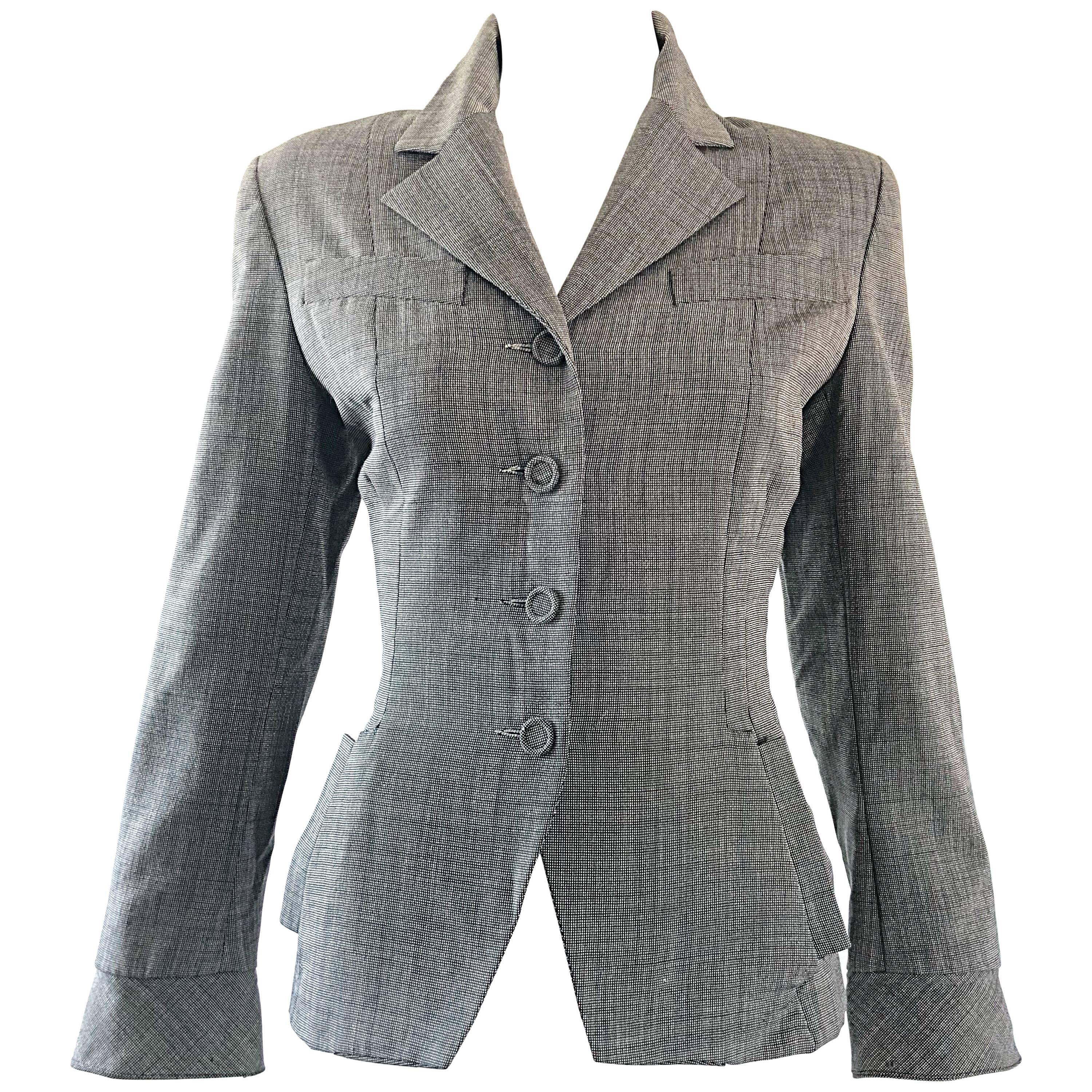 Vintage Norma Kamali 1980s Does 1940s Sz 4 Gray Cropped Fitted 80s Blazer Jacket