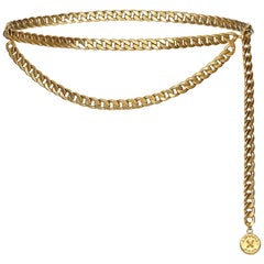Chanel 1980s Gold Tone Double Chain Belt With Medallion Button Charm