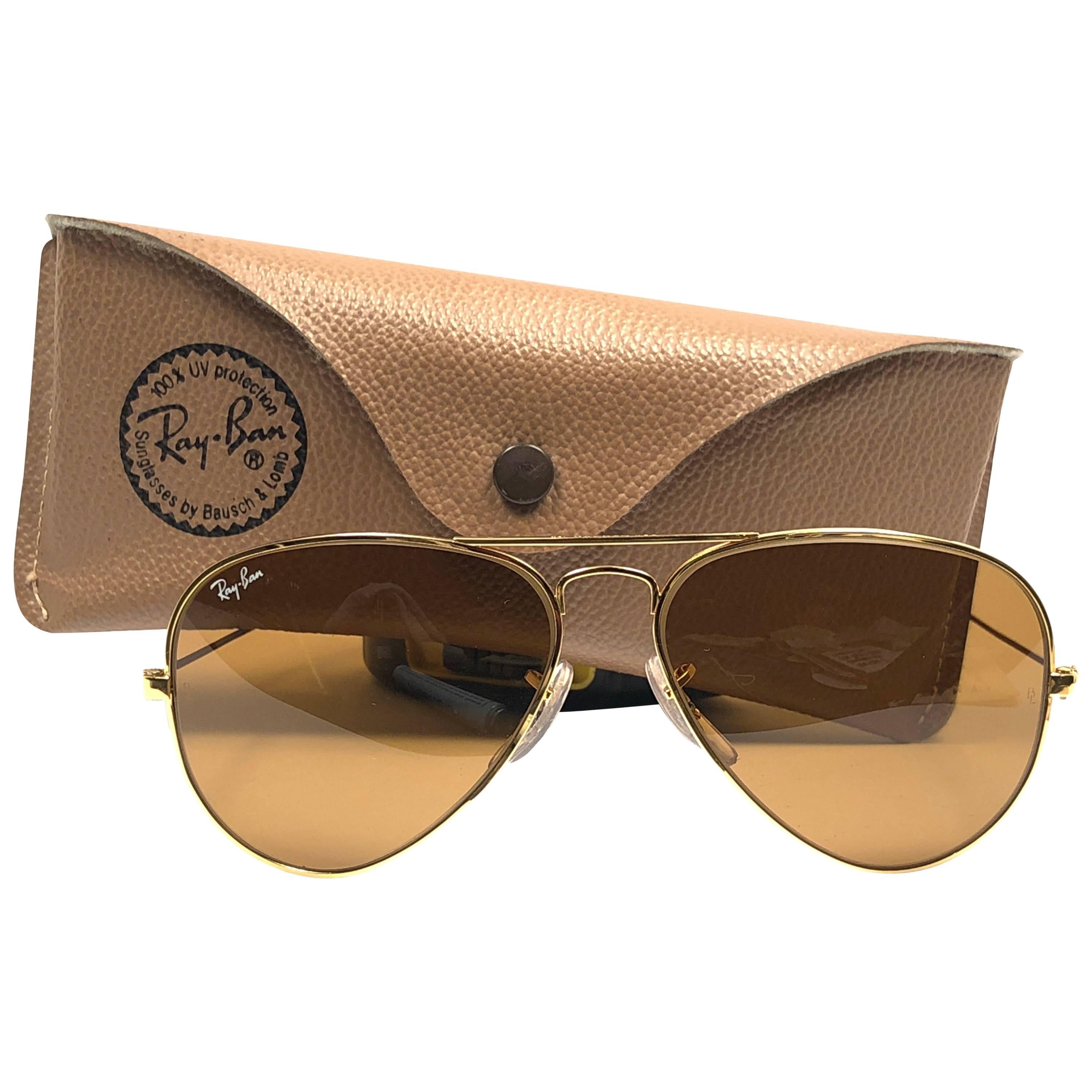 New Vintage Ray Ban Aviator 58MM B15 Brown Lenses B&L Sunglasses at 1stDibs