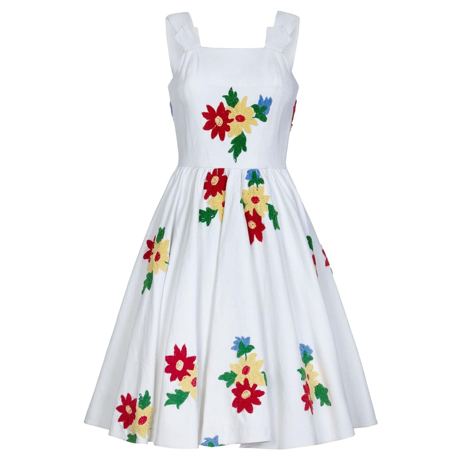 French 1950s White Cotton Summer Dress With Embroidered Chenille Flowers