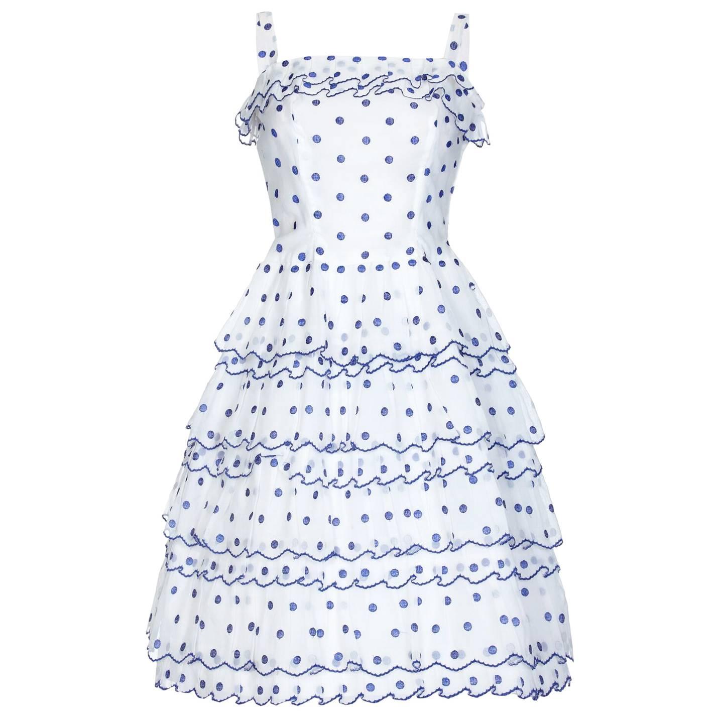 Vintage 1950s French Couture Dress in White and Blue Polkadot Organza 