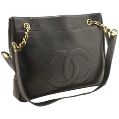 CHANEL Caviar Large Chain Shoulder Bag Black CC Leather Gold