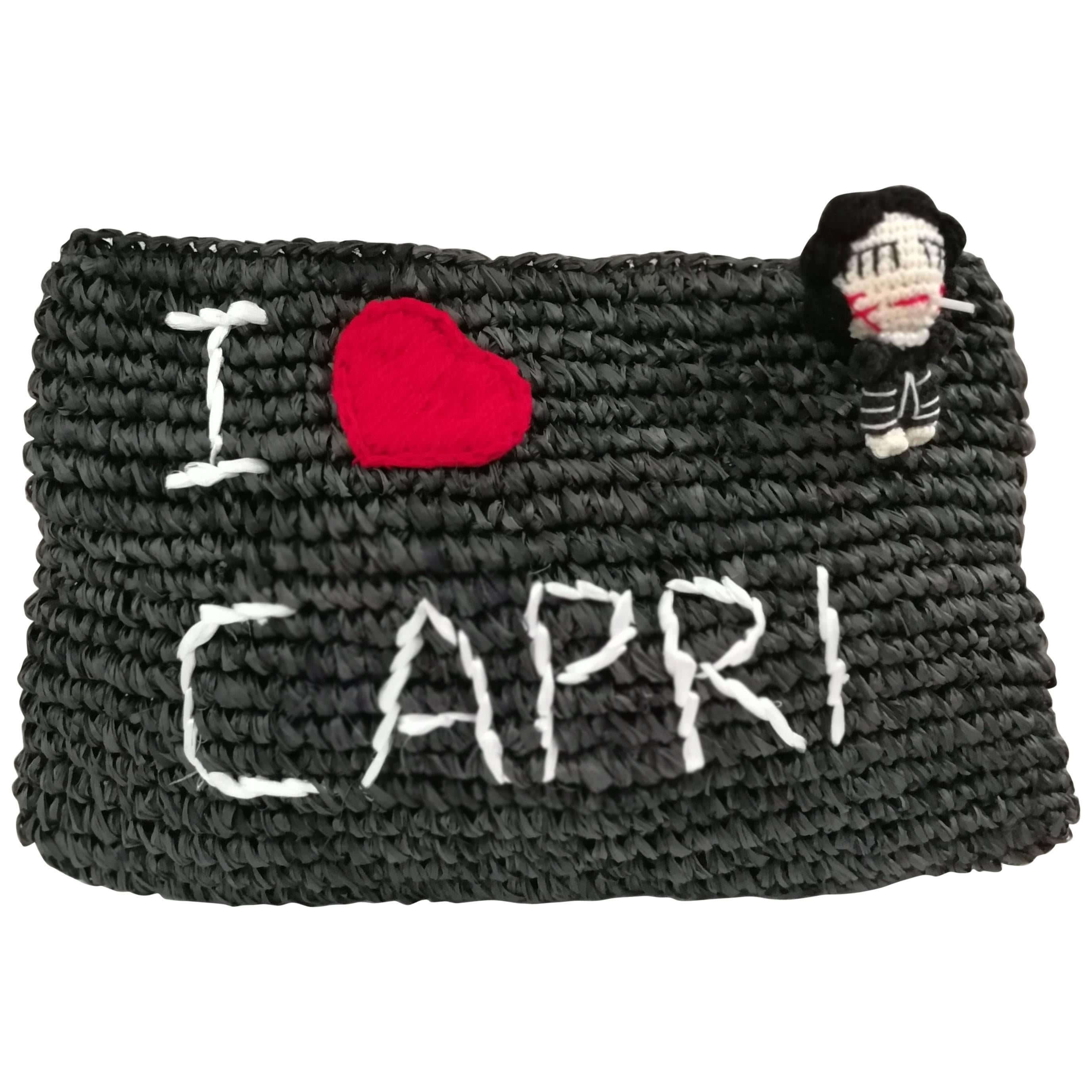 Mua Mua I Love Capri Raffia Black Clutch Pochette