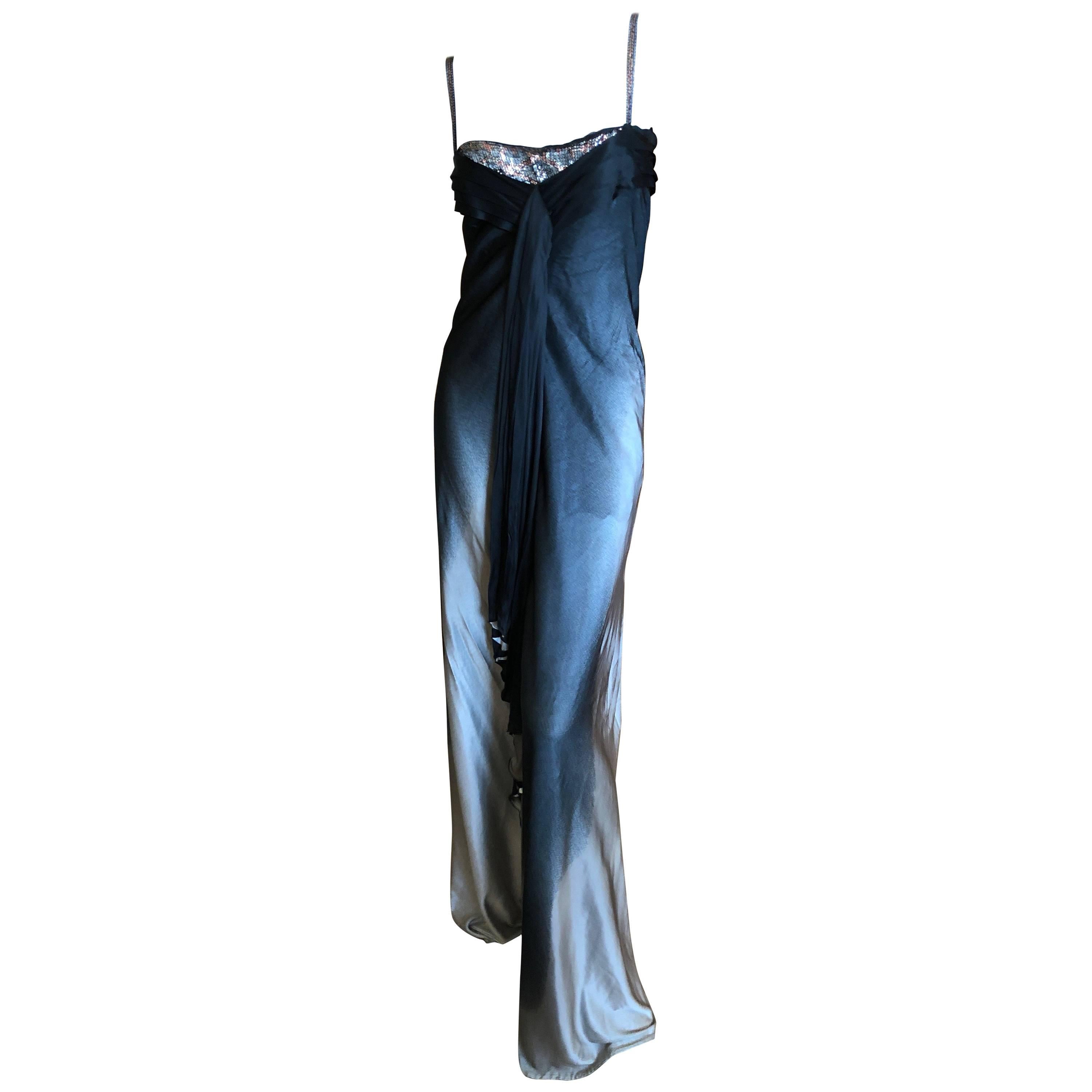 Christian Lacroix Silver and Black Vintage Silk Evening Dress with Sequin Detail For Sale