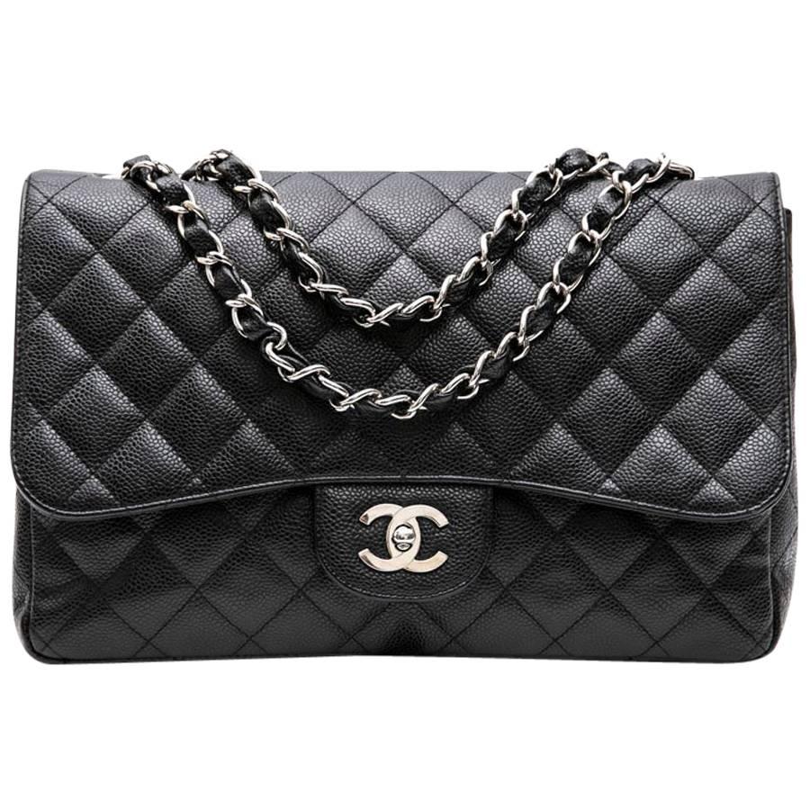 Chanel Black Caviar Calf Leather Classic Jumbo Bag 
