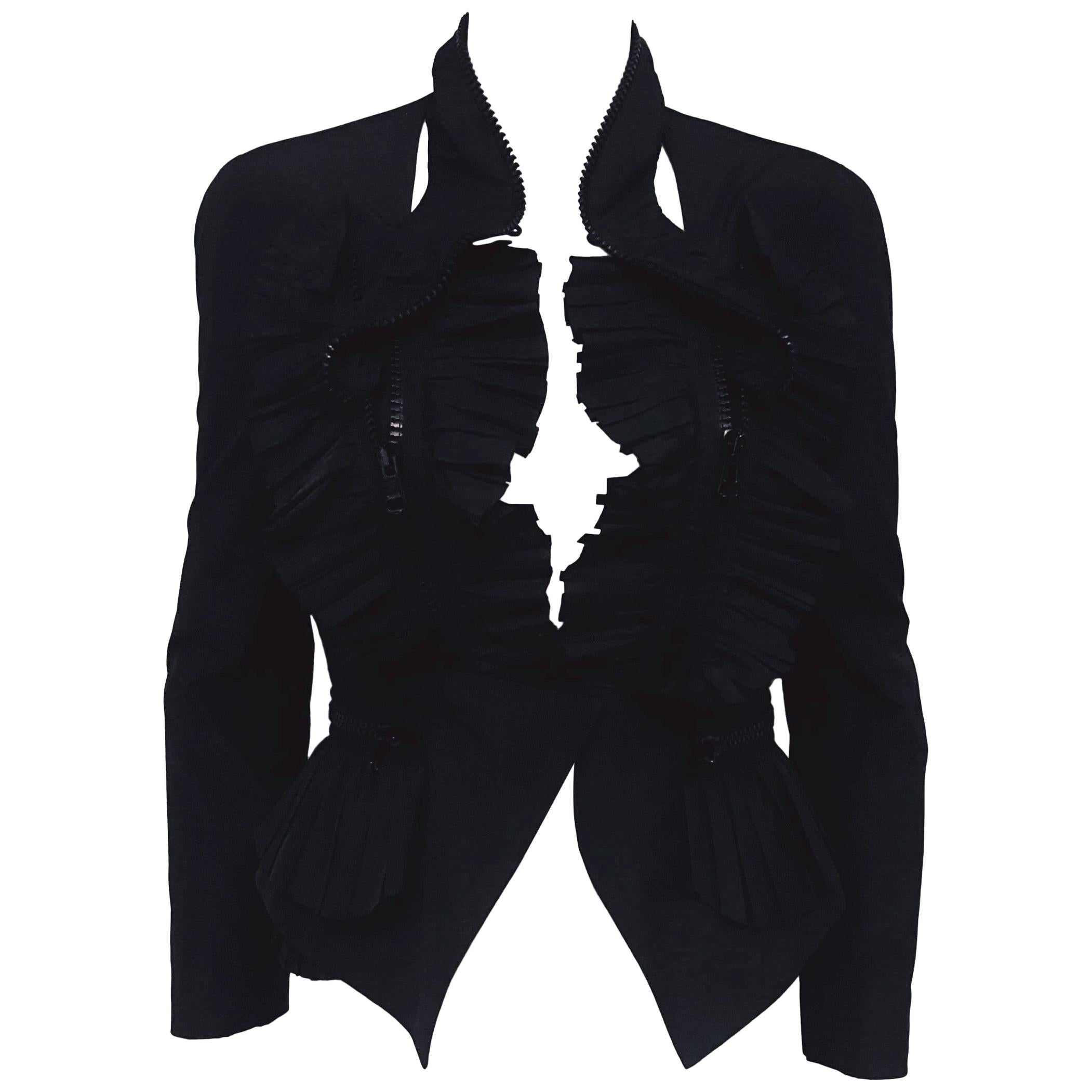 Givenchy Black Pleated Jacket with Multiple Zippers at Waist / Collar / Front