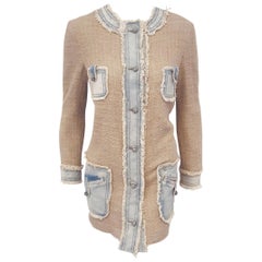 Dolce & Gabbana Beige Textured Cotton with Frayed Blue Jean Trim Long Jacket