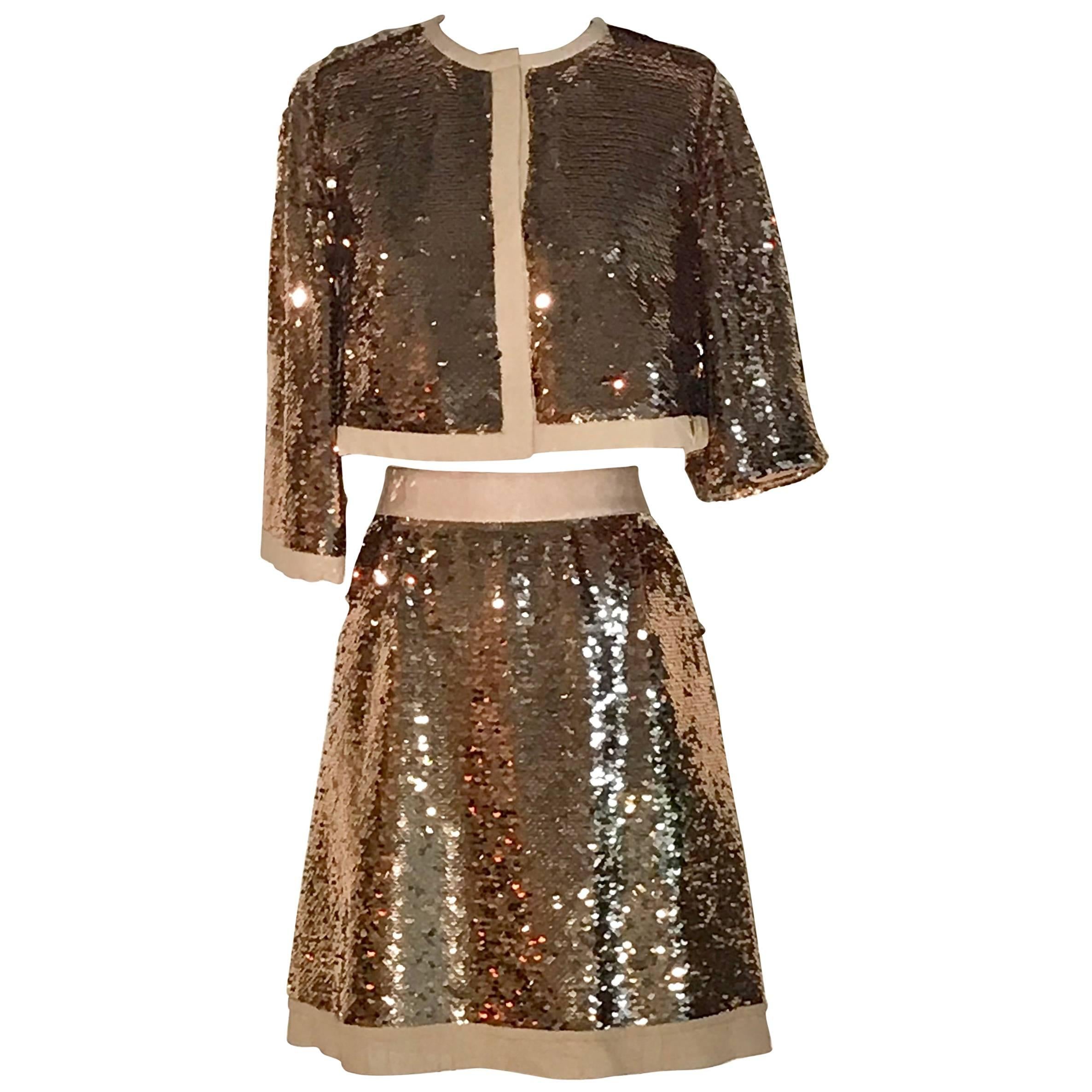 Dolce & Gabbana Gold Sequin Cropped Jacket and Pencil Skirt Suit Set  For Sale