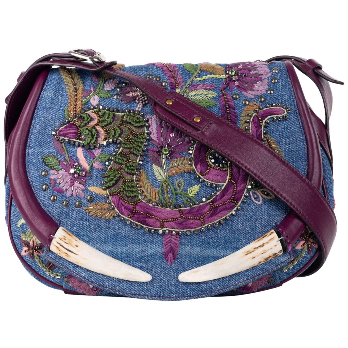Roberto Cavalli Denim Floral Embroidered Embellishment Shoulder Bag For Sale