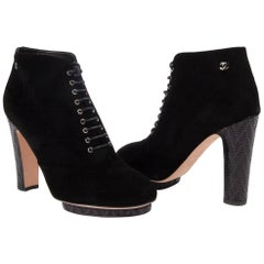 Chanel Ankle Boot Black Suede Lace Up Blue Leather Deco Heel / Platform 38 / 8