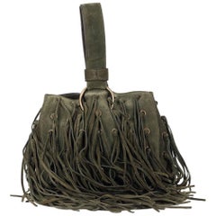 Roberto Cavalli Army Green Suede Eyelet Fringe Wristlet Bucket Bag