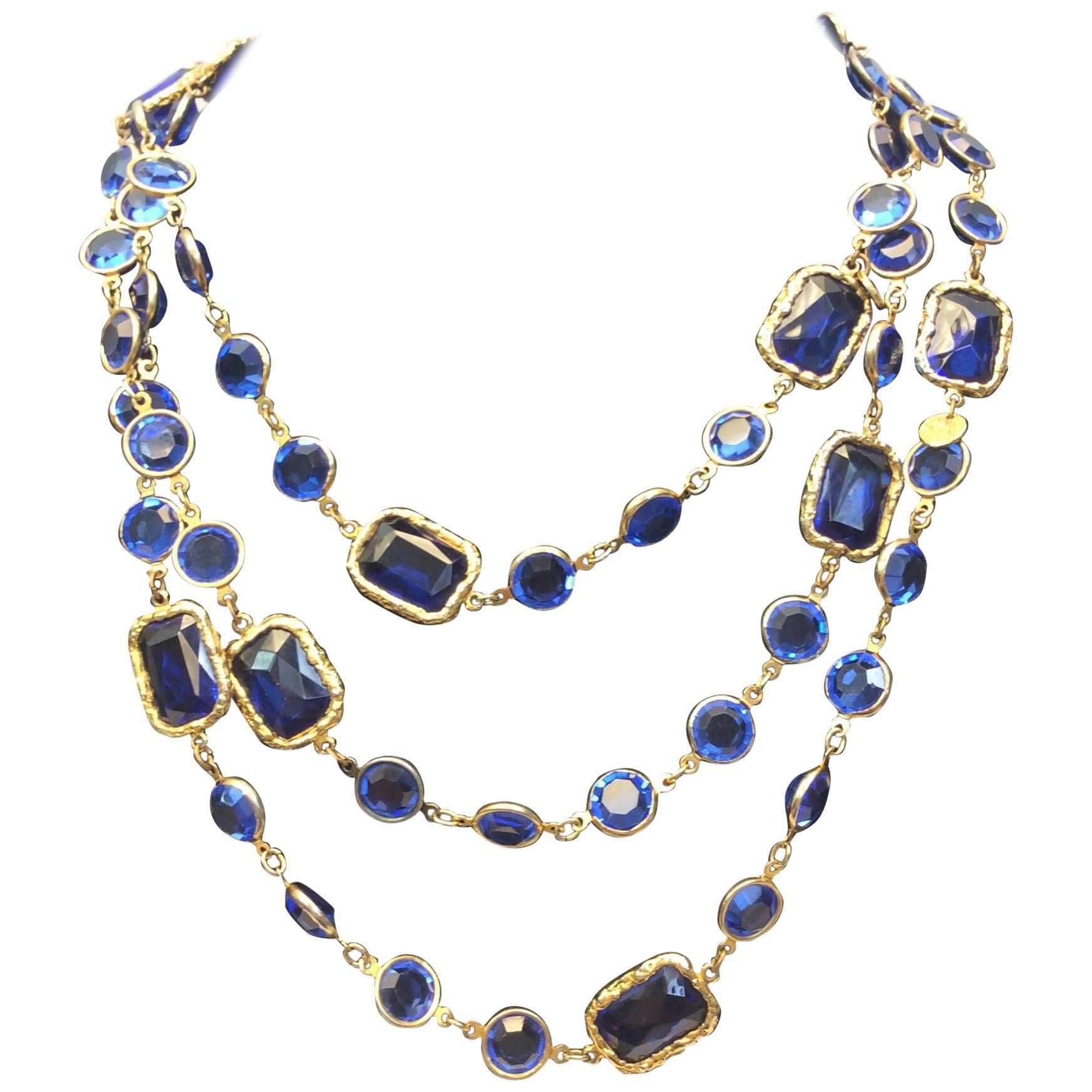 Chanel Gold and Blue Chicklet Necklace