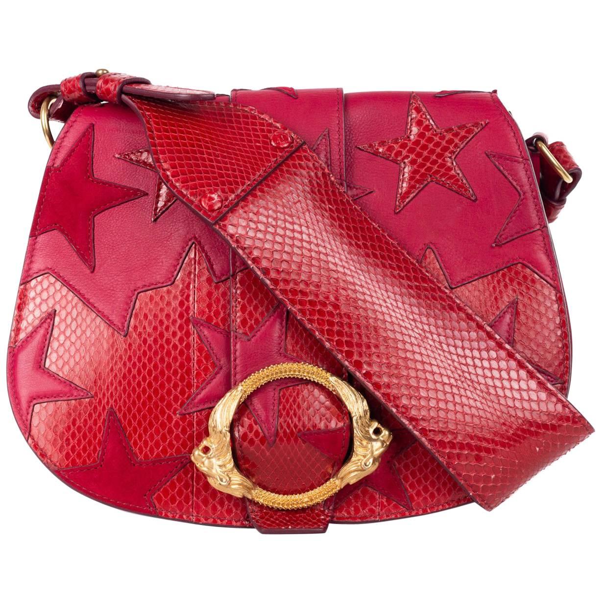 Roberto Cavalli Red Leather Snake Embossed Star Shoulder Bag For Sale