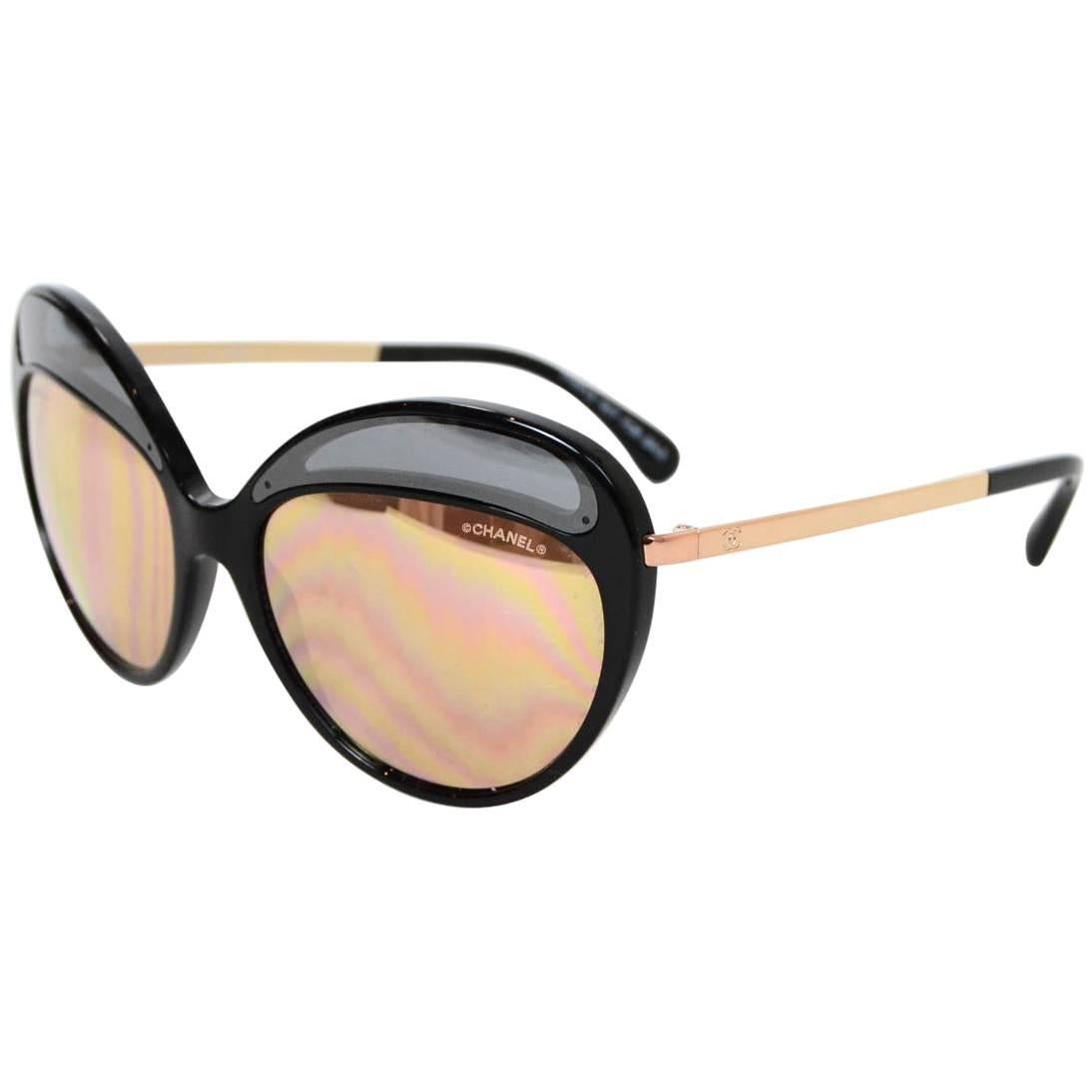 Chanel Black and Rose Gold Butterfly Mirror Sunglasses 