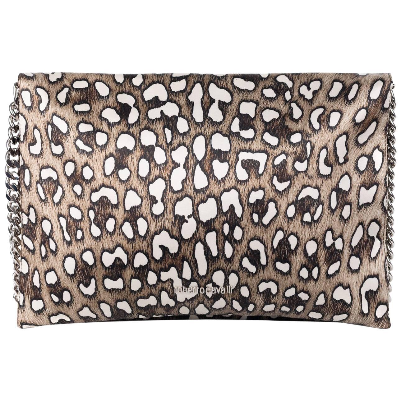 Roberto Cavalli Silk Leather Large Brown Cheetah Print Juno Clutch For Sale