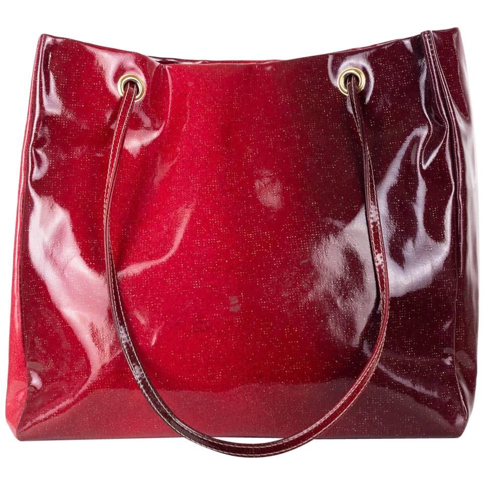 Roberto Cavalli Solid Red Patent Leather Gloss Finish Large Tote Bag For Sale