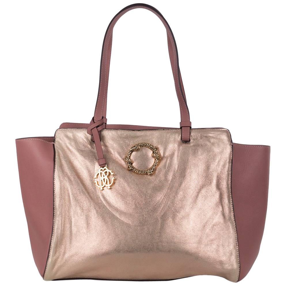 Roberto Cavalli Pink Mauve Metallic Leather Fur Lined Tote Bag For Sale