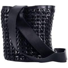 Roberto Cavalli Solid Black Leather Braided Woven Shoulder Bucket Bag