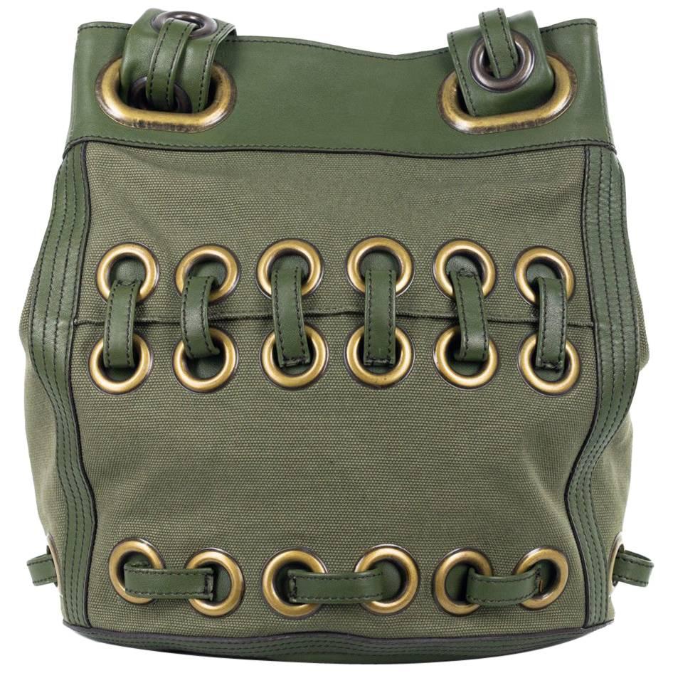 Roberto Cavalli Solid Army Green Large Eyelet Canvas Leather Bucket Bag For Sale