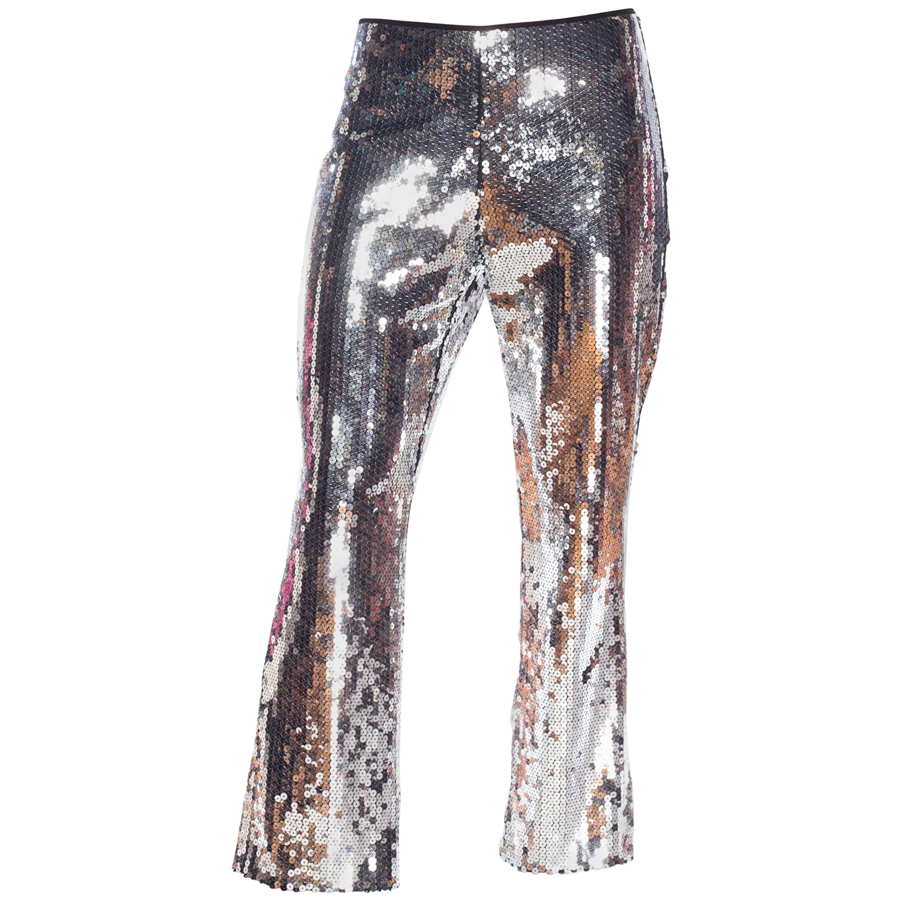 Dolce & Gabbana Silver Metallic Sequined Low-Rise Pants
