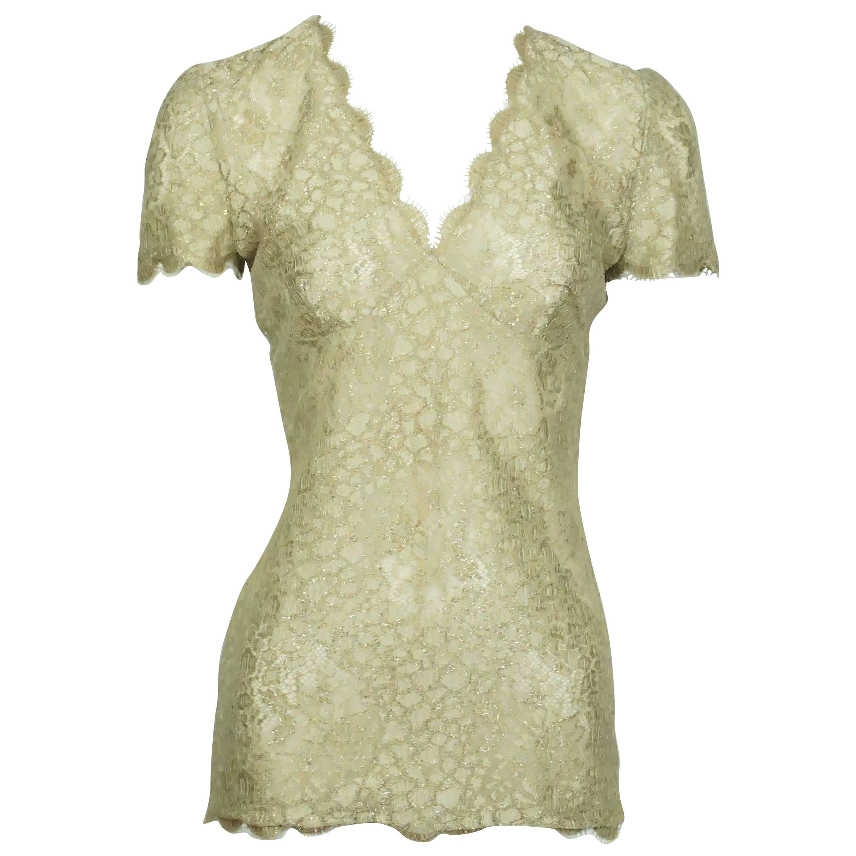 Emanuel Ungaro Gold Shimmery Lace Top with Sleeves - Medium 