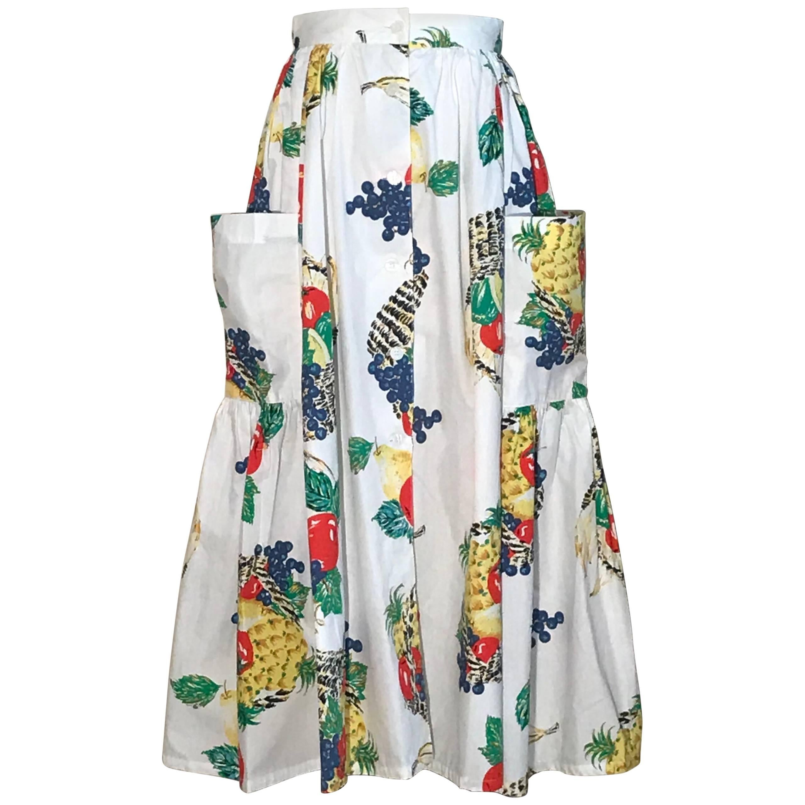 New Emanuelle 1980s Pineapple Grape Fruit Basket Print White Cotton Full Skirt 