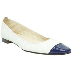Manolo Blahnik White Quilted and Navy Toe Flat - 38