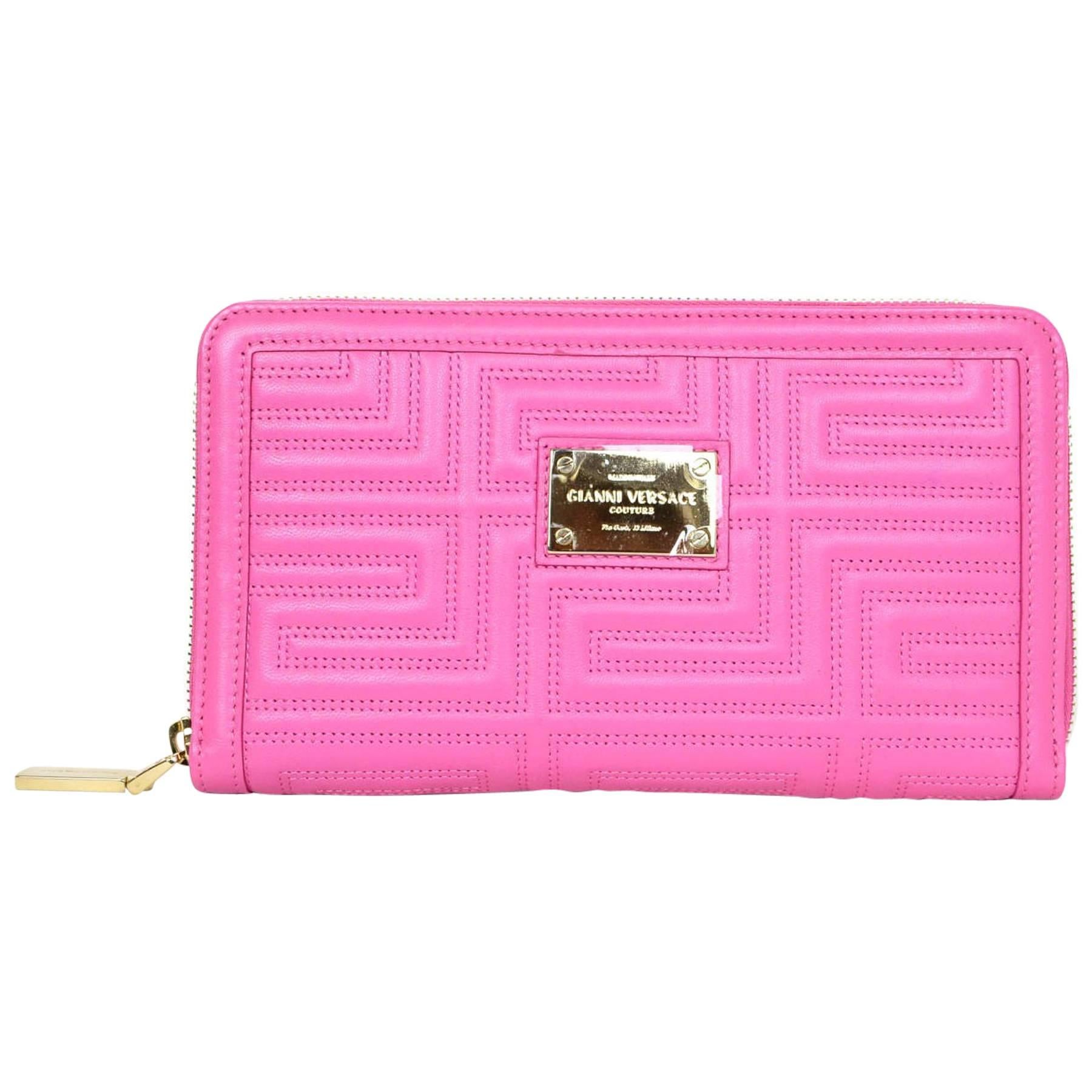 Versace Pink Leather Zip Around XL Wallet NIB 