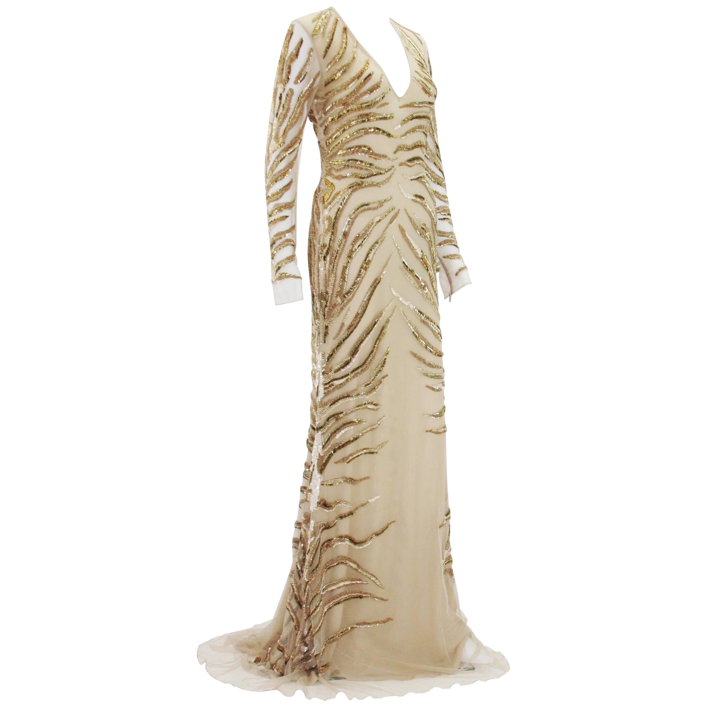 New Roberto Cavalli Nude Beaded Embroidery Mesh Dress Gown size 40
