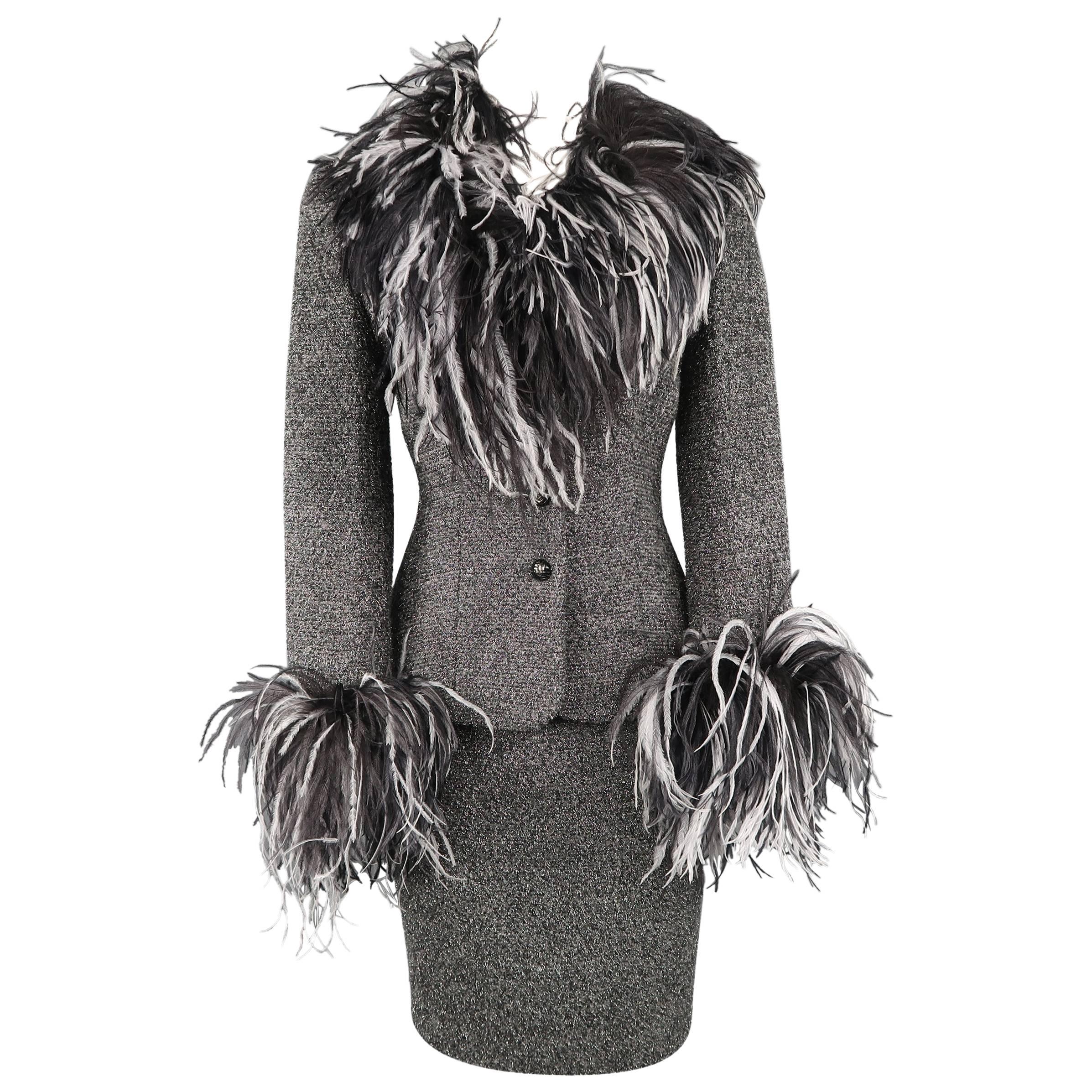 ESCADA Size 6 Silver Lurex Boucle Ostrich Feather Trim Skirt Suit