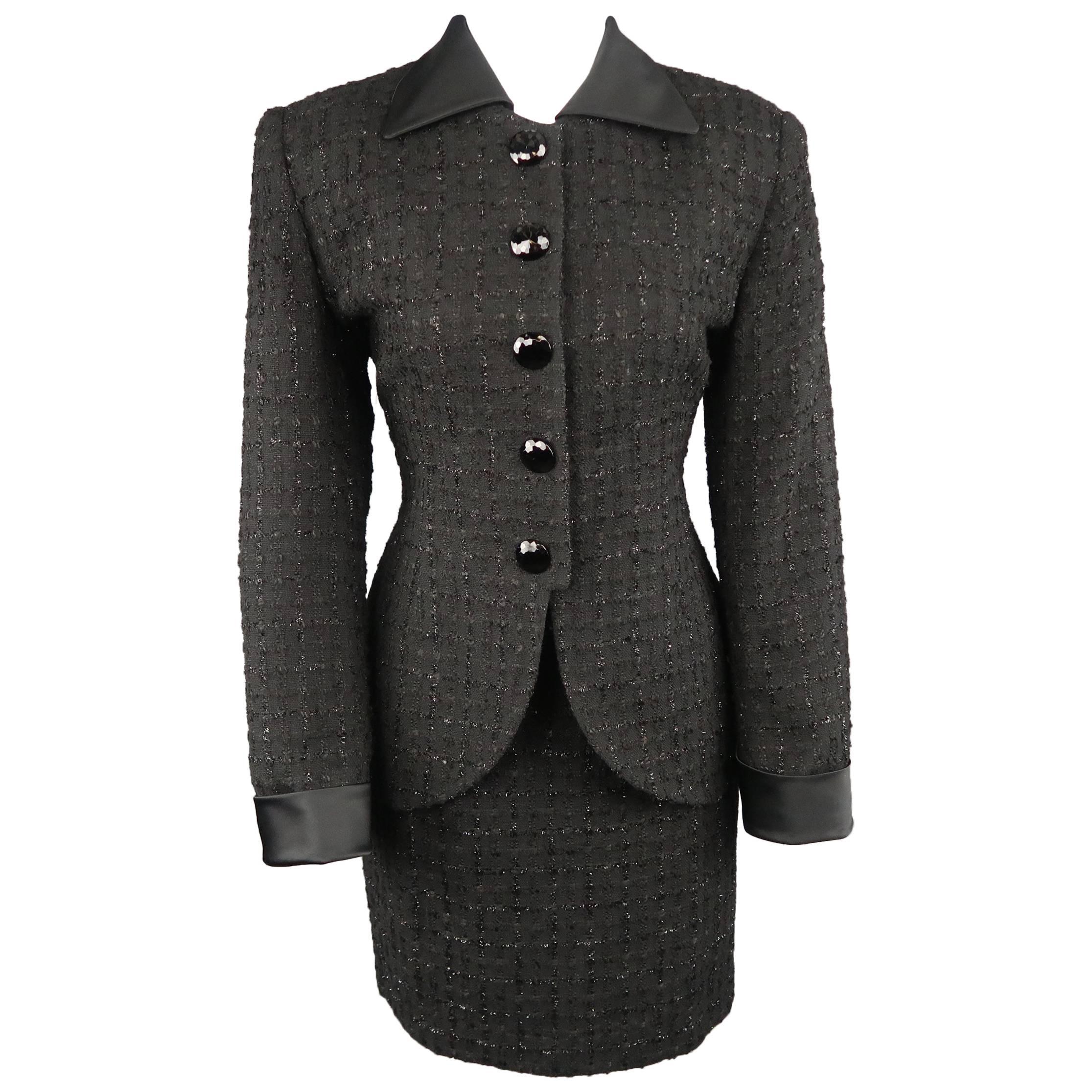 Vintage CHRISTIAN DIOR Size 8 Black Lurex Plaid Boucle Satin Collar Skirt Suit
