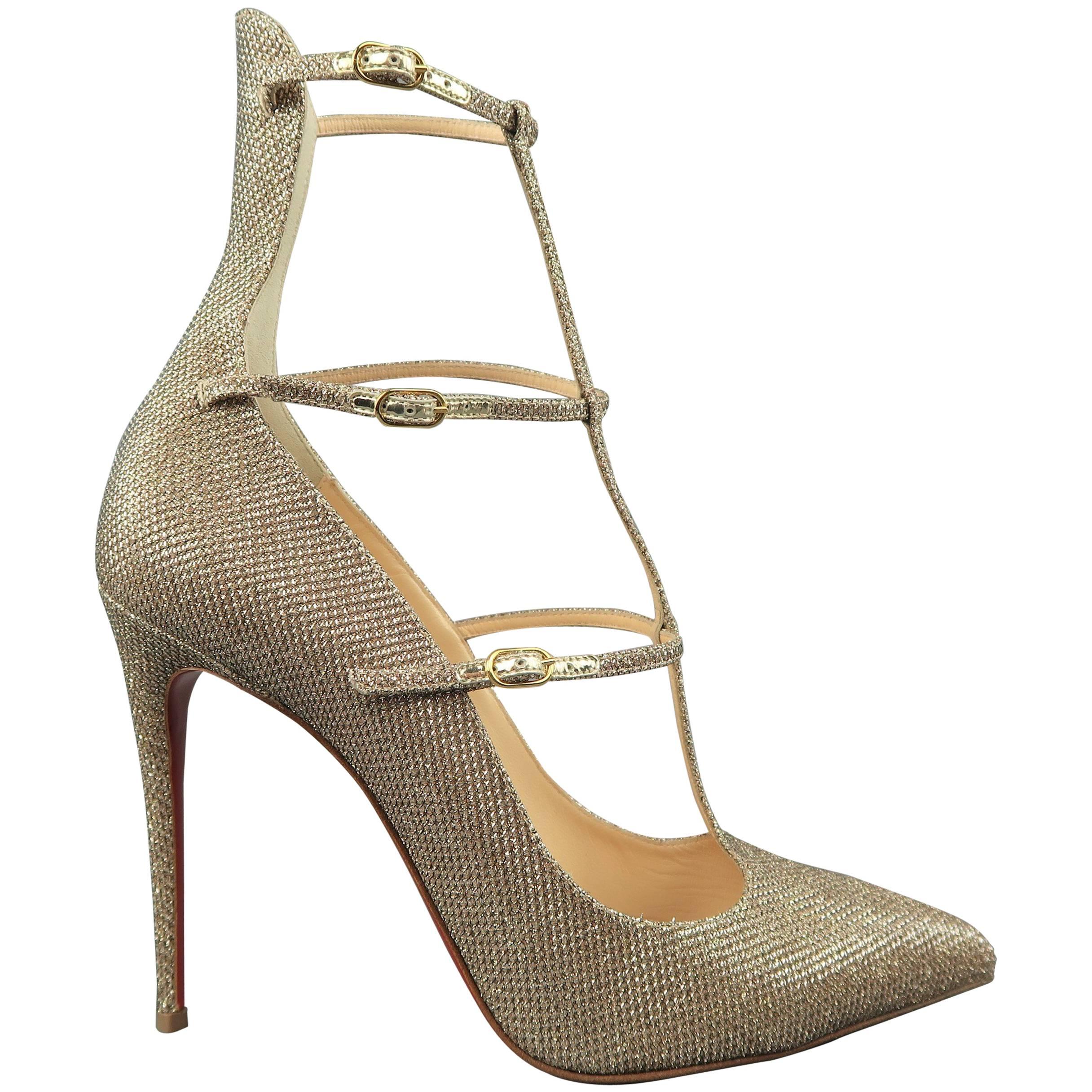 Christian Louboutin Gold Sparkle Leather Toerless Muse Strap Pumps Heels 