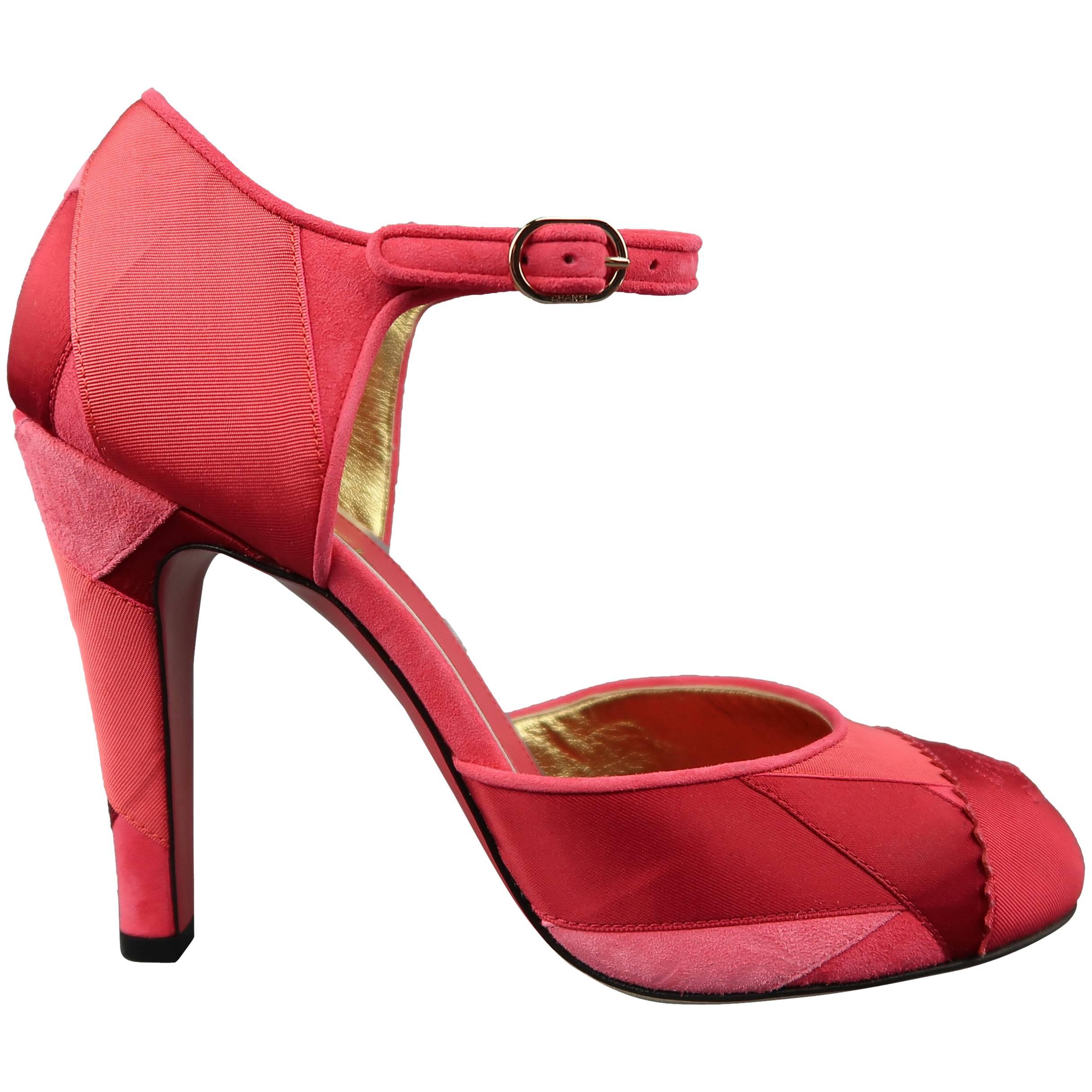 Chanel Raspberry Red Suede and Silk Grosgrain Ribbon Patchwork Pumps
