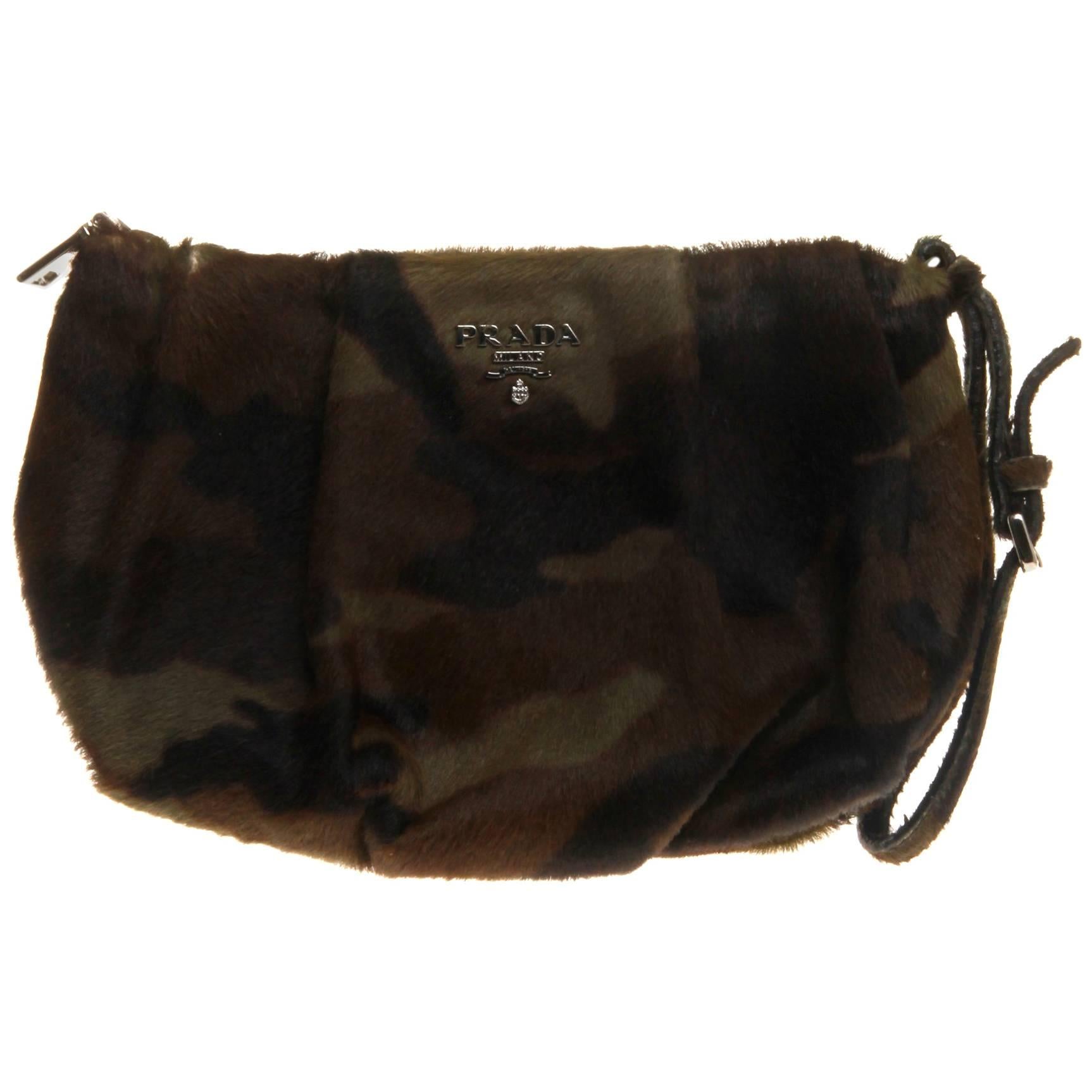 Camouflage Ponyhair Prada Wristlet with Silver-tone Hardware For Sale