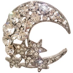 Vintage 60'S Weiss Style Silver Swarovski Crystal Stars & Moon Crescent Brooch