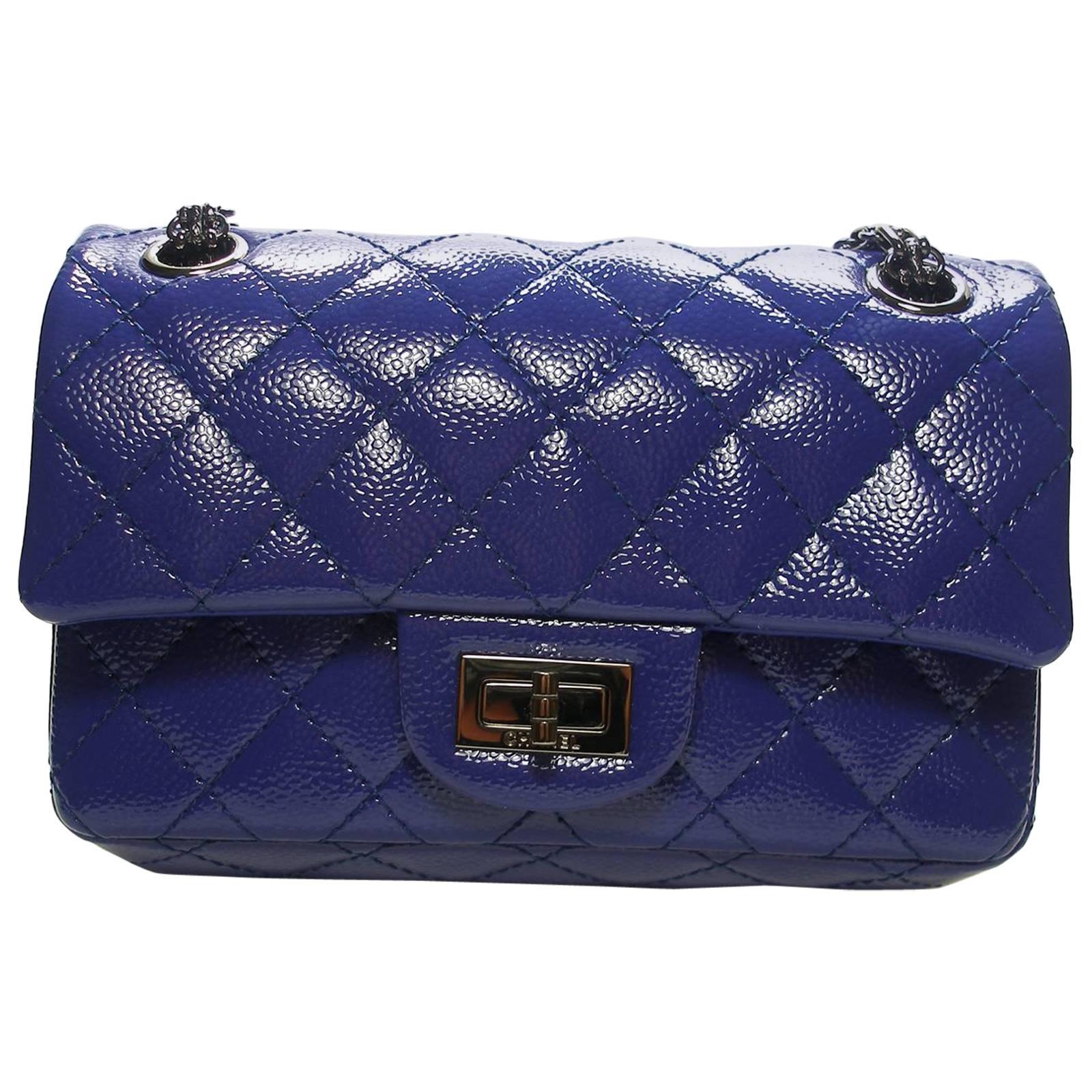 Chanel 2.55 Reissue 225 Purple Patent Caviar Silver Chain Double Flap Bag New