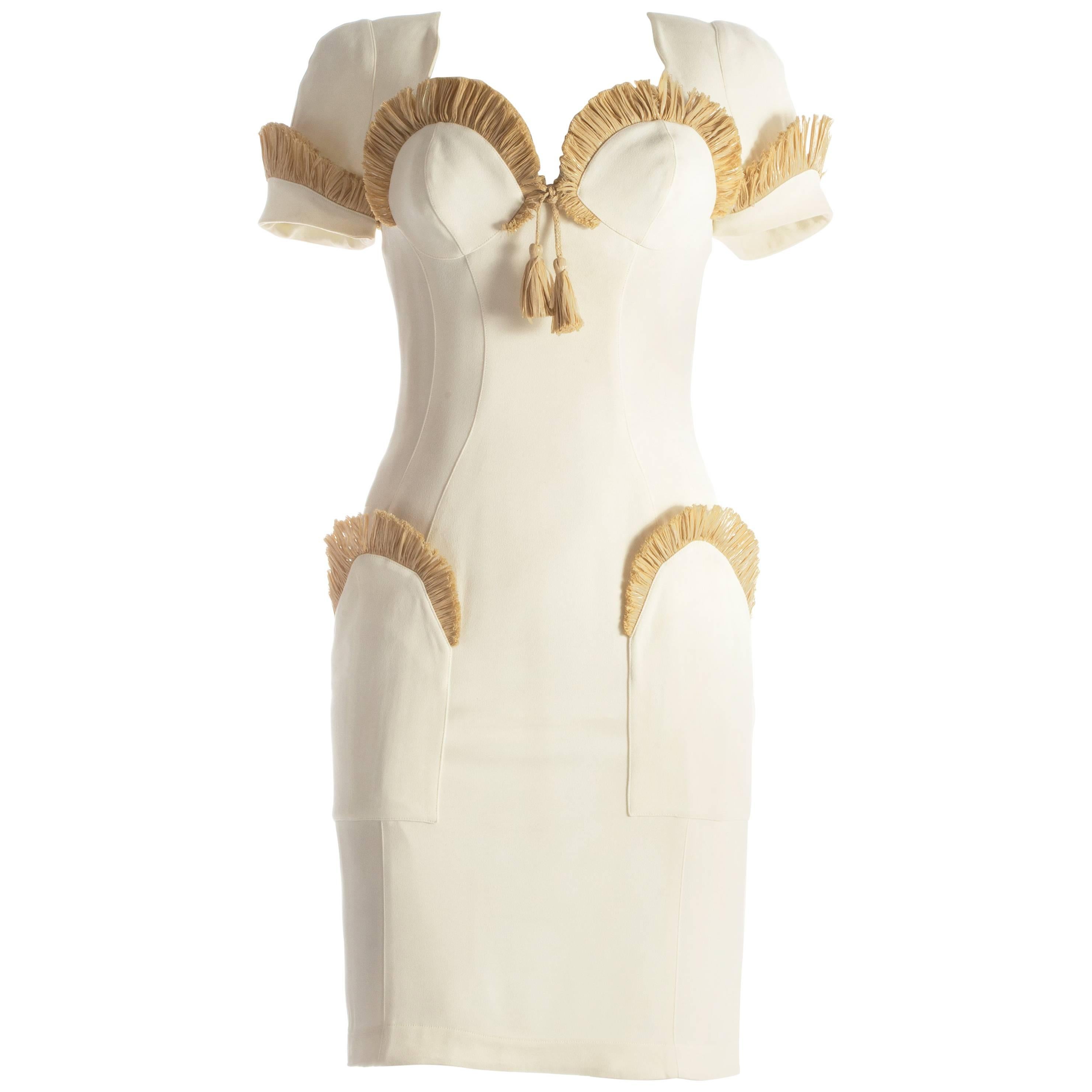 Thierry Mugler ivory cocktail dress with raffia trim, S / S 1995