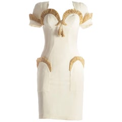 Thierry Mugler ivory cocktail dress with raffia trim, S / S 1995