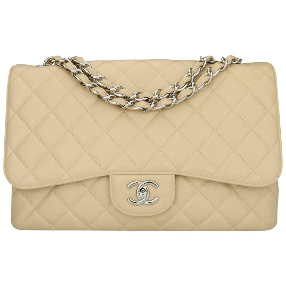 CHANEL Classic Single Flap Jumbo Beige Clair Caviar with Silver Hardware 2009