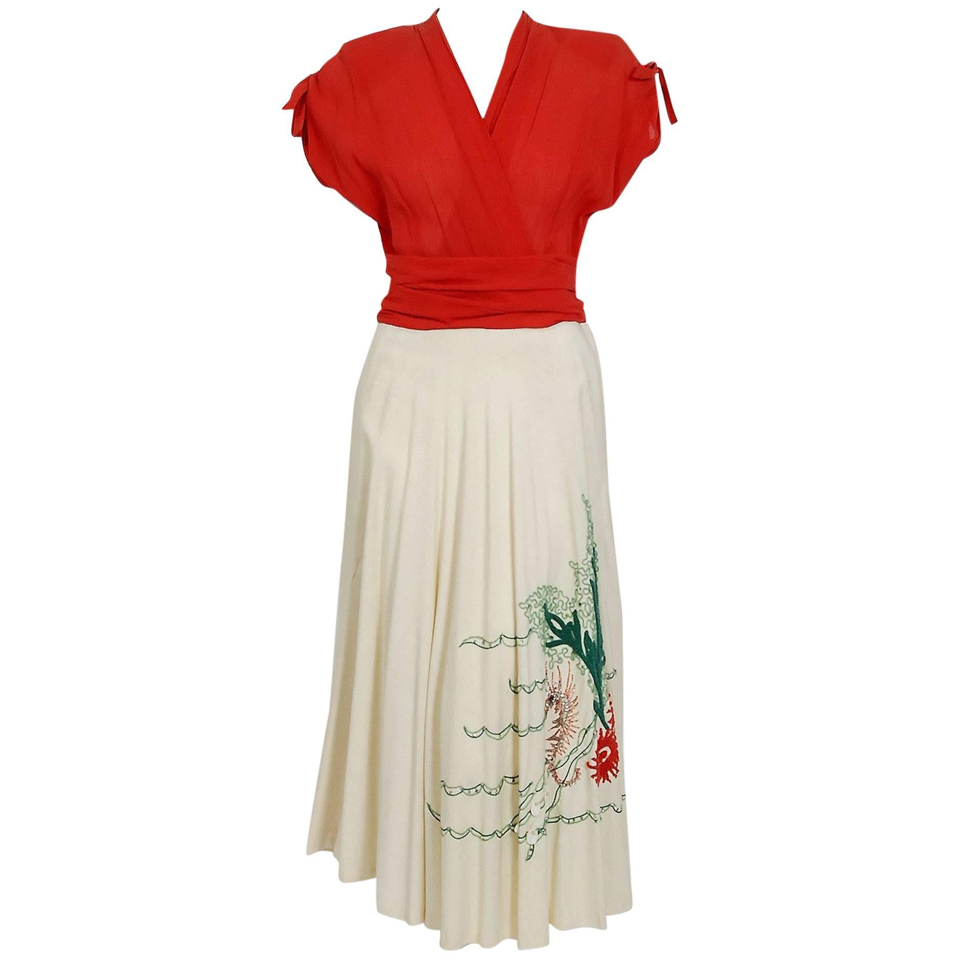 1940's Marion McCoy Under-The Sea Novelty Embroidered Linen Full Skirt Dress 