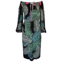 Emilio Pucci Feather Print Off Shoulder Silk Jersey Dress, 1960s