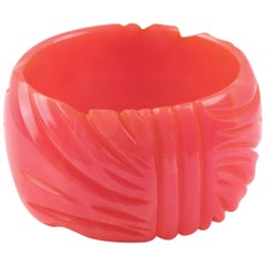 Bakelite Bracelet Bangle Oversized Deep Carved Pink Tequila Sunrise Marble Color