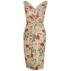 1950's Ceil Chapman Metallic Floral Silk-Brocade Ruched Hourglass Cocktail Dress
