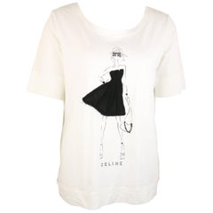 Celine White with Black and Rhinestones Girl Print Cotton T Shirt