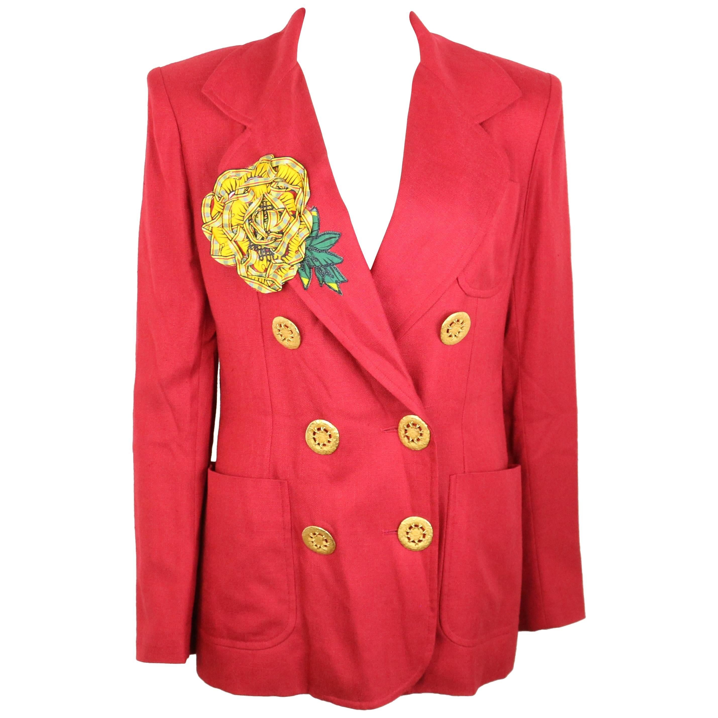 Christian Lacroix Red with Yellow Ruffle Sunflower Double Breasted Blazer For Sale