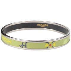 HERMES Enamel Green Narrow Bangle Bracelet Palladium Plated Rim