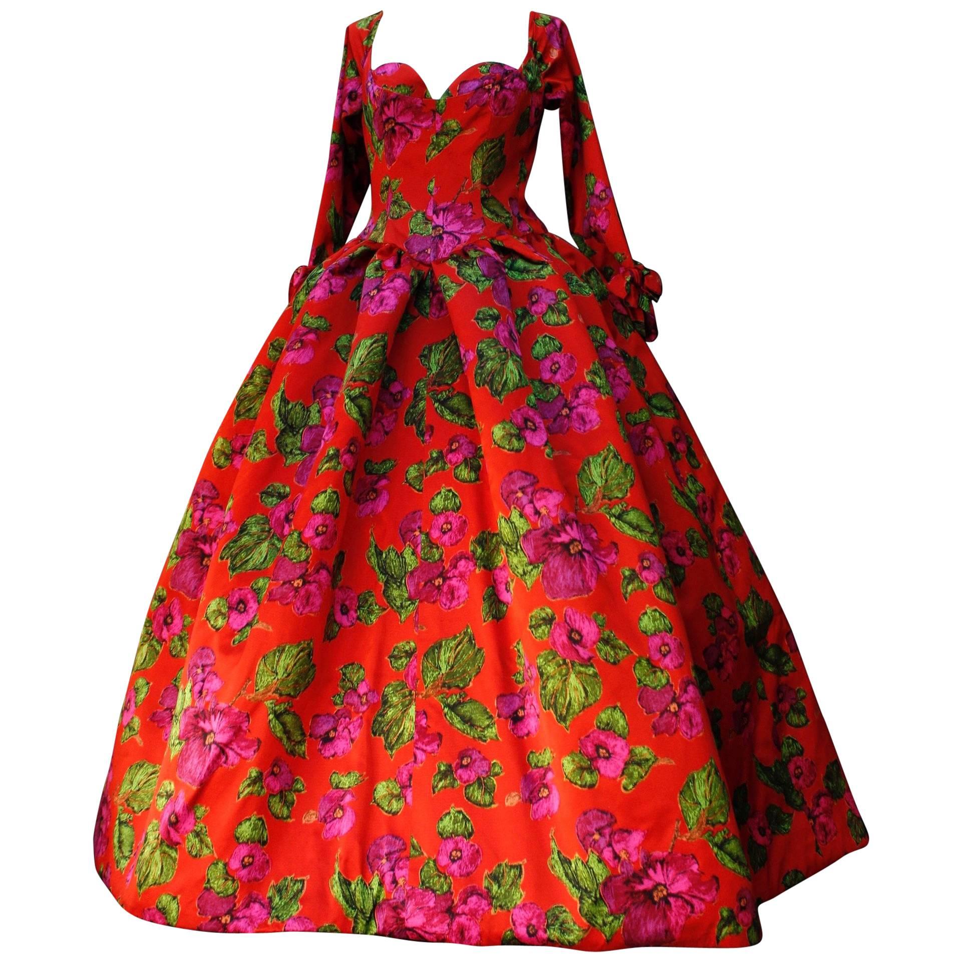 Nina Ricci red opera dress with pink and green floral print, 1990s 