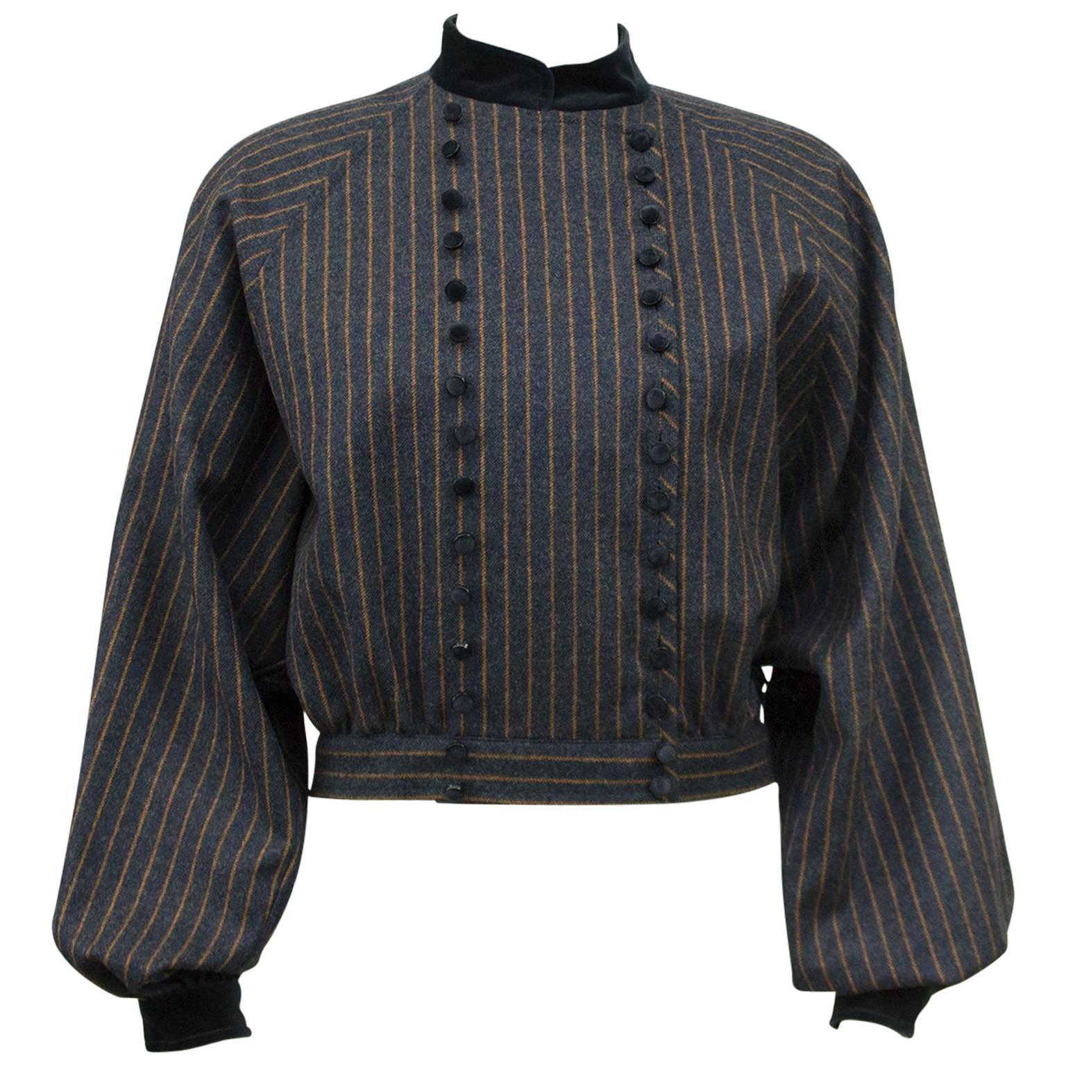 1980s Valentino Navy Striped Military Style Cropped Jacket