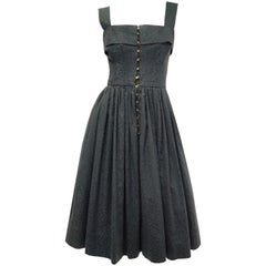 Rare 1940s Claire McCardell Black Cotton Dotted Dress with Metal Closures Rare 1940s Claire McCardell Black Cotton Dotted Dress with Metal Closures